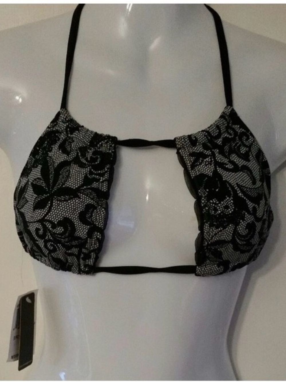 Rampage Black and White Lace Halter Bikini Top